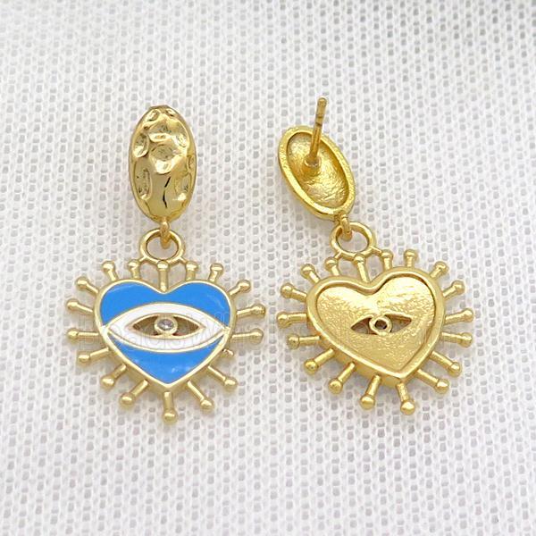 Copper Stud Earring Heart Blue Enamel Eye Gold Plated