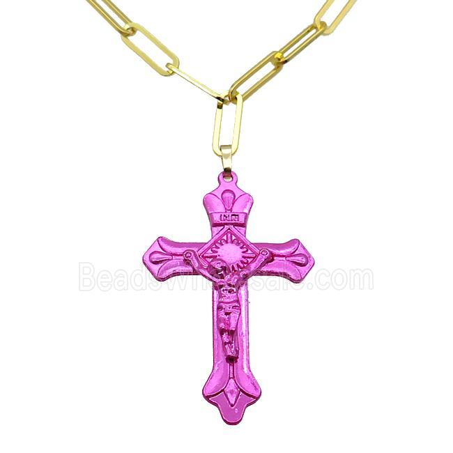 Copper Necklace Hotpink Lacquered Cross Gold Plated