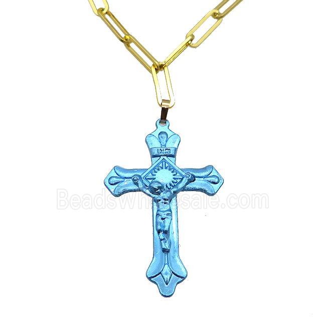 Copper Necklace Blue Lacquered Cross Gold Plated