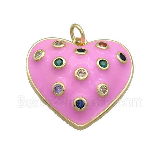 Copper Heart Pendant Pave Zircon Pink Enamel Gold Plated