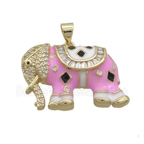 Copper Elephant Pendant Pave Zircon Pink Enamel Gold Plated