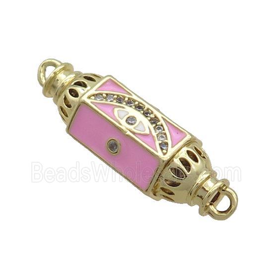 Copper Capsule Hexagon Connector Pave Zircon Pink Enamel Eye Gold Plated