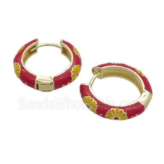 Copper Hoop Earrings Red Enamel Gold Plated