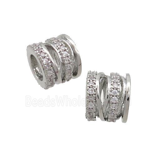 Copper Tube Beads Pave Zircon Large Hole Platinum Plated
