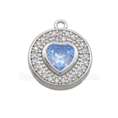 Copper Circle Pendant Pave Zircon Blue Heart Platinum Plated
