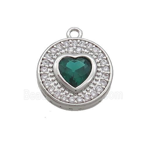 Copper Circle Pendant Pave Zircon Green Heart Platinum Plated