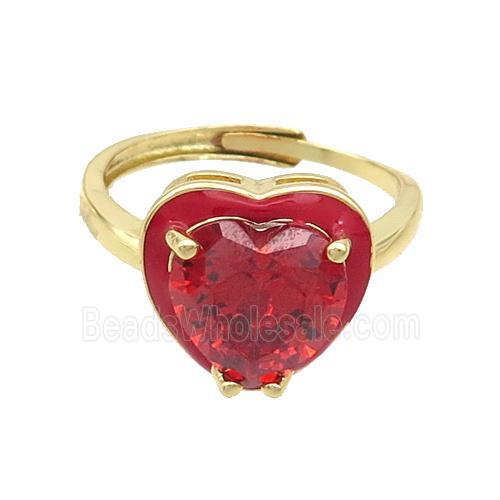 Copper Rings Pave Red Crystal Glass Enamel Heart Adjustable Gold Plated
