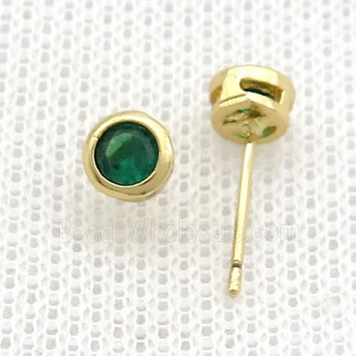 Copper Stud Earrings Pave Green Zircon Gold Plated