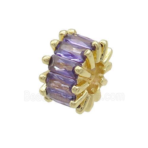 Copper Rondelle Beads Pave Purple Zircon Large Hole Gold Plated