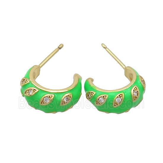 Copper Stud Earrings Pave Zircon Green Enamel Gold Plated