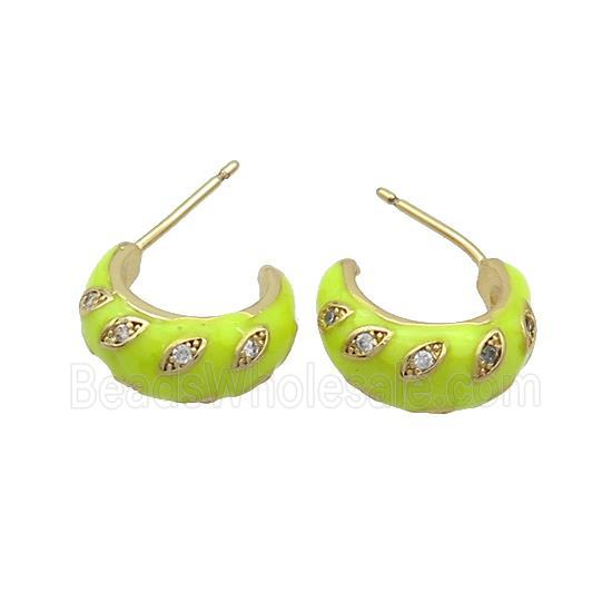 Copper Stud Earrings Pave Zircon Yellow Enamel Gold Plated