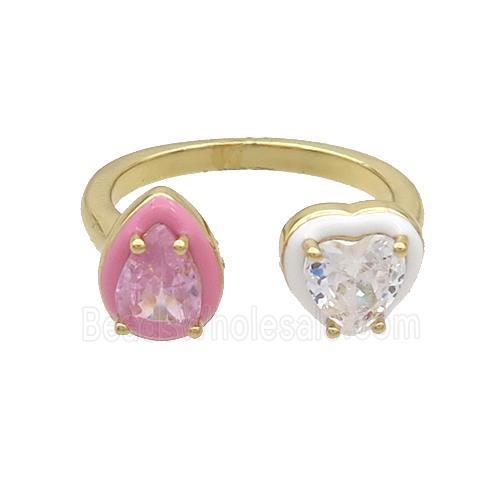 Copper Rings Pave Zircon Teardrop Heart Enamel Gold Plated