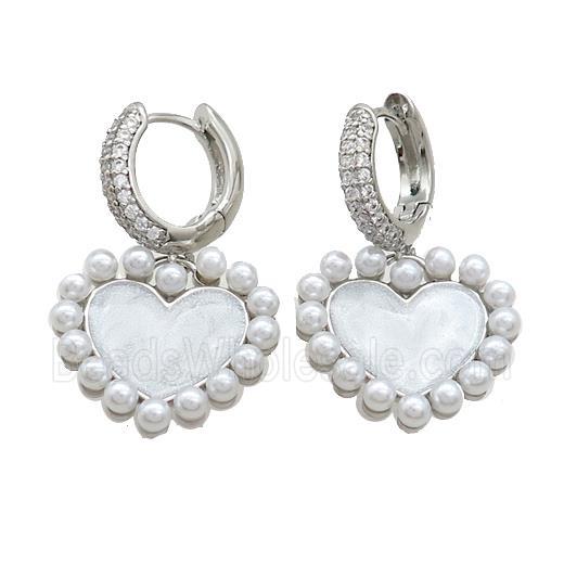 Copper Hoop Earring Pave Zircon Heart Pearlized Resin Platinum Plated