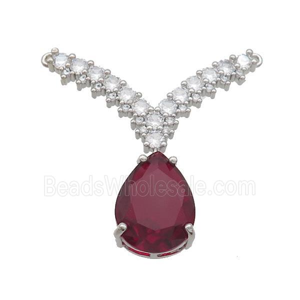 Copper Pendant Pave Red Crystal Glass Teardrop 2loops Platinum Plated
