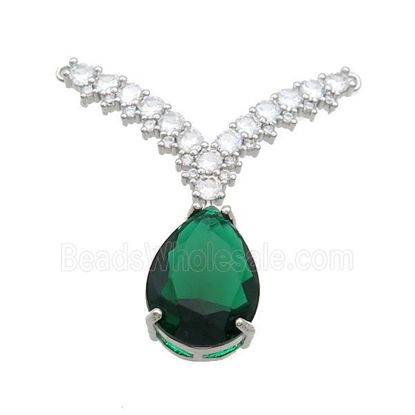 Copper Pendant Pave Green Crystal Glass Teardrop 2loops Platinum Plated