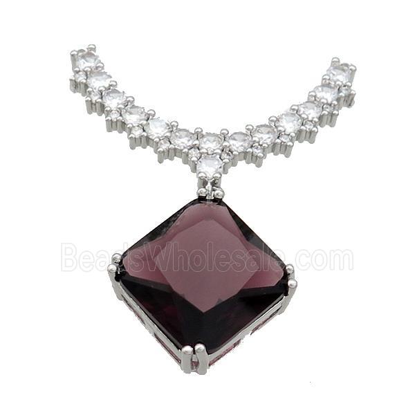 Copper Pendant Pave Purple Crystal Glass Square 2loops Platinum Plated