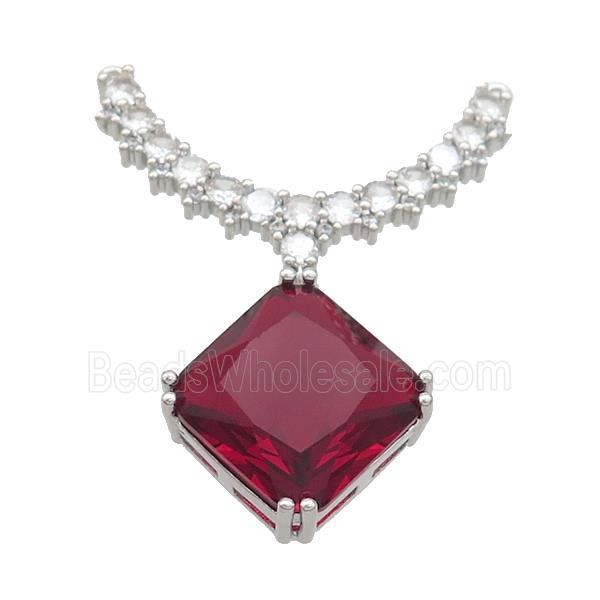 Copper Pendant Pave Red Crystal Glass Square 2loops Platinum Plated