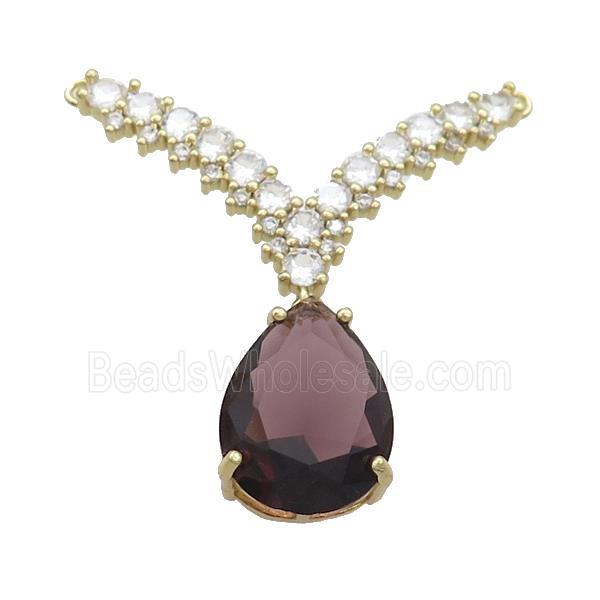 Copper Pendant Pave Purple Crystal Glass Teardrop 2loops Gold Plated
