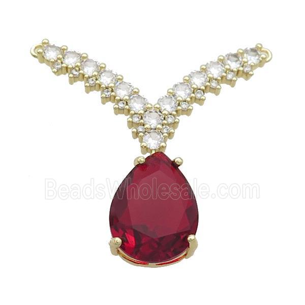 Copper Pendant Pave Red Crystal Glass Teardrop 2loops Gold Plated