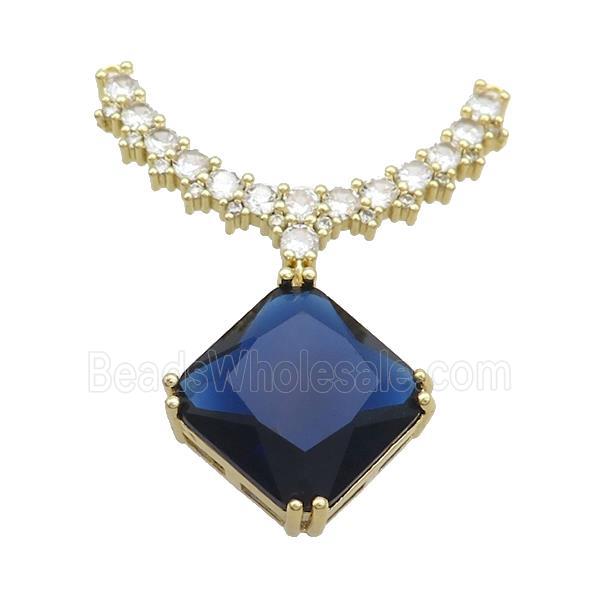 Copper Pendant Pave Blue Crystal Glass Square 2loops Gold Plated