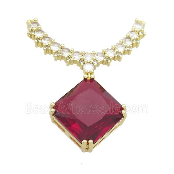 Copper Pendant Pave Red Crystal Glass Square 2loops Gold Plated