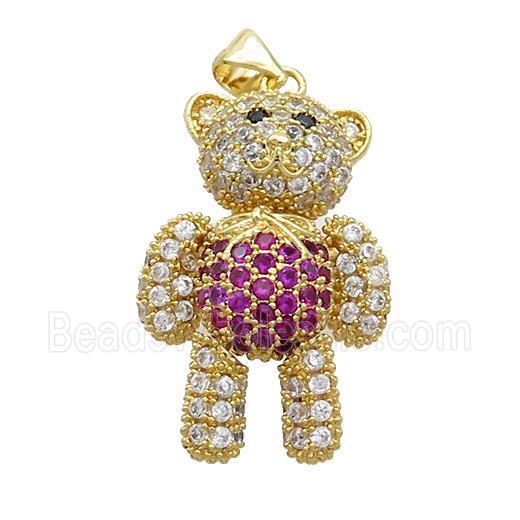 Copper Bear Pendant Pave Zircon Fuchsia Gold Plated