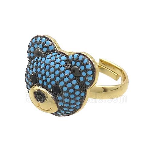 Copper Bear Rings Pave Turqblue Zircon Adjustable Gold Plated