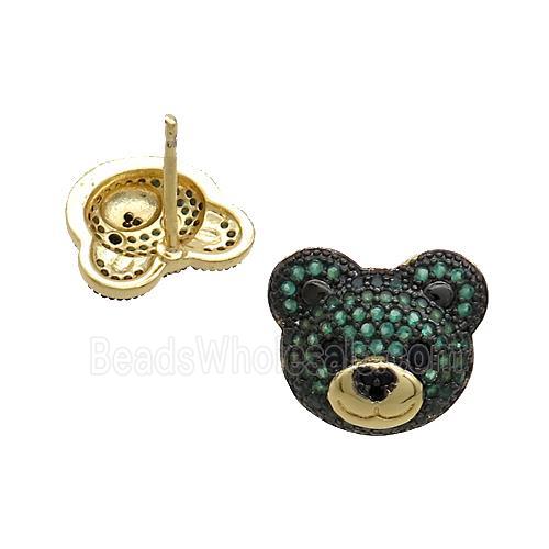Copper Bear Stud Earrings Pave Green Zircon Gold Plated