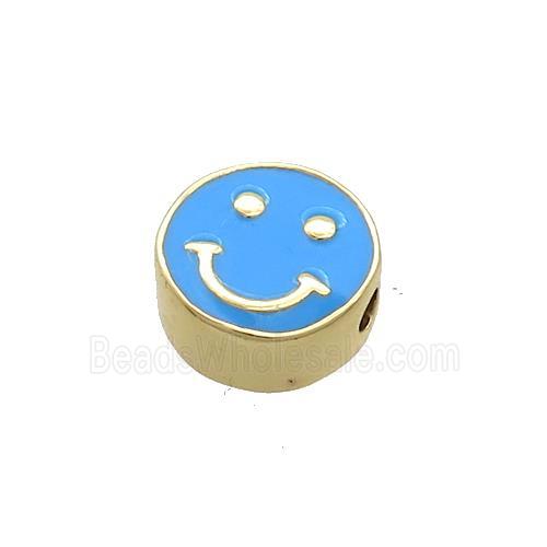 Copper Emoji Beads Blue Enamel Happy Face Gold Plated