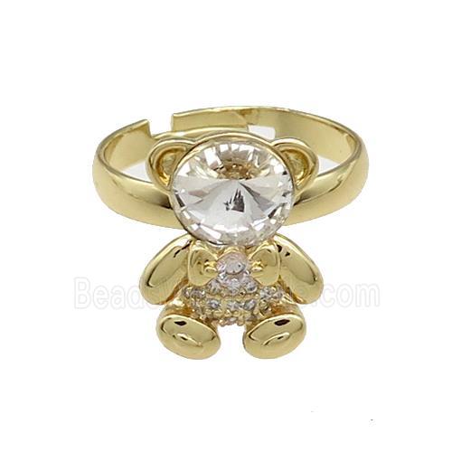 Copper Bear Rings Pave Zircon Crystal Glass Adjustable Gold Plated