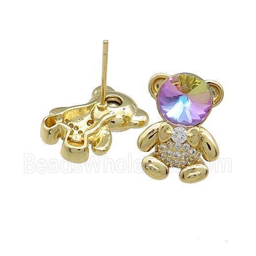 Copper Bear Stud Earrings Pave Zircon Crystal Glass Gold Plated