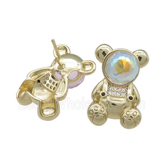 Copper Bear Stud Earrings Pave Zircon Crystal Glass Gold Plated