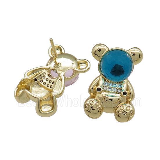 Copper Bear Stud Earrings Pave Zircon Crystal Glass Gold Plated