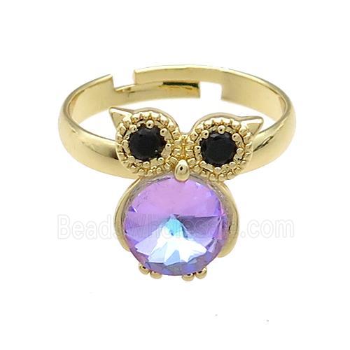 Copper Owl Rings Pave Crystal Glass Zircon Adjustable Gold Plated