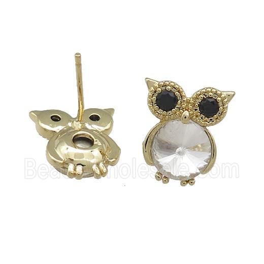 Copper Owl Stud Earrings Pave Crystal Glass Zircon Gold Plated