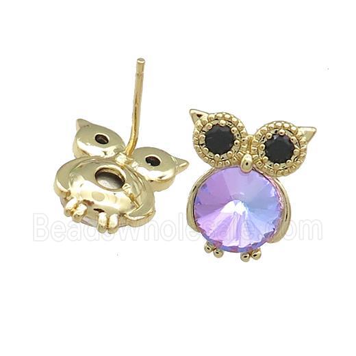 Copper Owl Stud Earrings Pave Crystal Glass Zircon Gold Plated