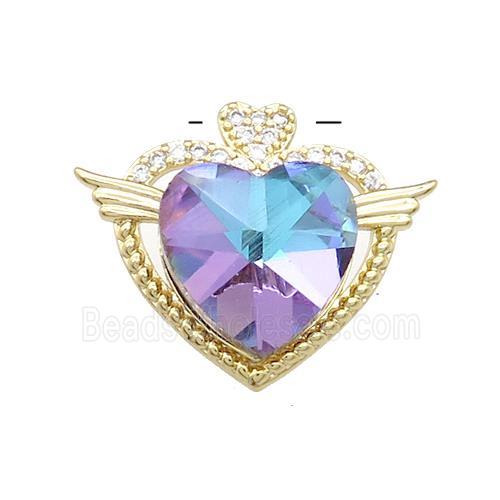 Copper Heart Pendant Pave Crystal Glass Zircon Angel Wings Gold Plated