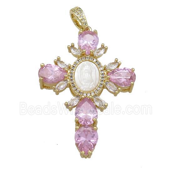 Copper Cross Pendant Pave Pink Zircon Shell Gold Plated