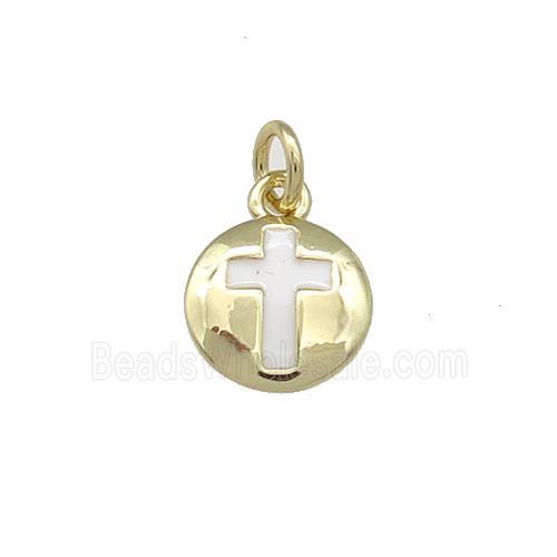 Copper Cross Pendant White Enamel Circle Gold Plated