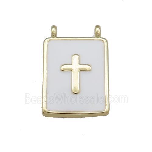 Copper Rectangle Pendant White Enamel Cross 2loops Gold Plated