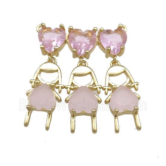 Copper Girls Pendant Pave Pink Crystal Glass 2loops Gold pLated