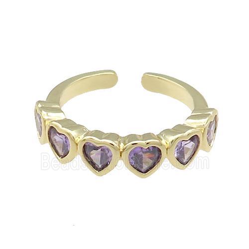 Copper Heart Rings Pave Purple Zircon Gold Plated