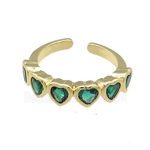 Copper Heart Rings Pave Green Zircon Gold Plated