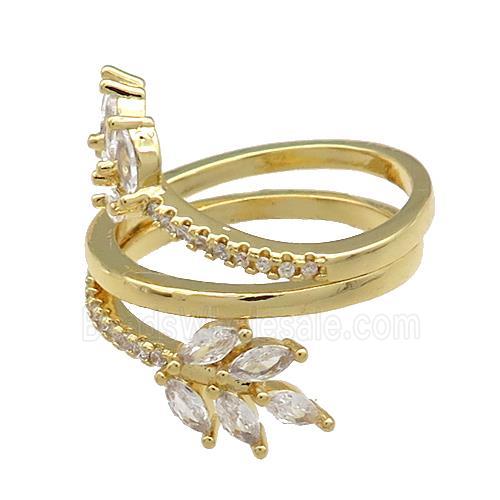 Copper Rings Pave Zircon Leaf Gold Plated