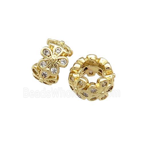 Copper Rondelle Beads Pave Zircon Flower Large Hole Gold Plated