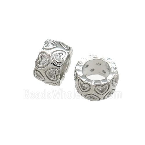 Copper Rondelle Beads Pave Zircon Heart Large Hole Platinum Plated