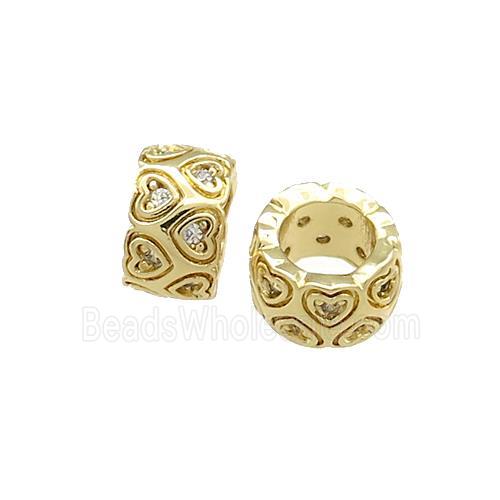Copper Rondelle Beads Pave Zircon Heart Large Hole Gold Plated