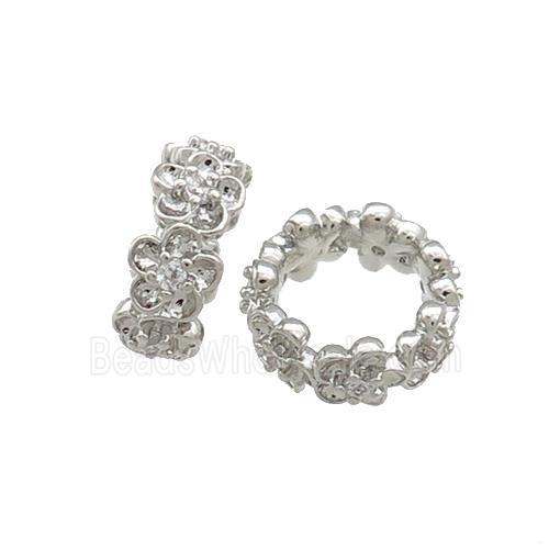 Copper Rondelle Beads Pave Zircon Flower Large Hole Platinum Plated