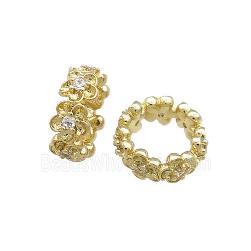 Copper Rondelle Beads Pave Zircon Flower Large Hole Gold Plated