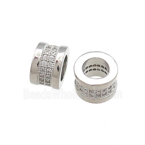 Copper Tube Beads Pave Zircon Large Hole Platinum Plated